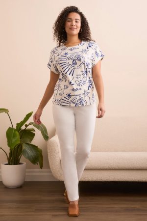 Printed Soft Touch Cap Sleeve Crew Neck T-Shirt-Blueberry