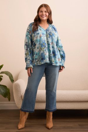 Printed Textured Cotton Smocked Notched Neck Blouse-Slateblue