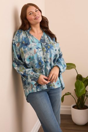 Printed Textured Cotton Smocked Notched Neck Blouse-Slateblue
