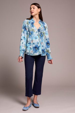 Printed Textured Cotton Smocked V-Neck Blouse-Slateblue