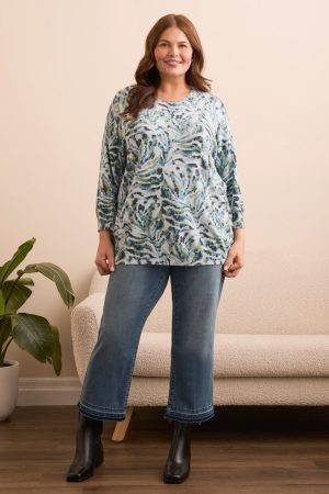 Printed Three-Quarter Sleeve Crew Neck Sweater-Mistblue