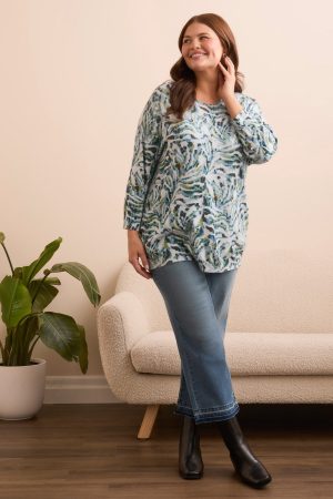 Printed Three-Quarter Sleeve Crew Neck Sweater-Mistblue