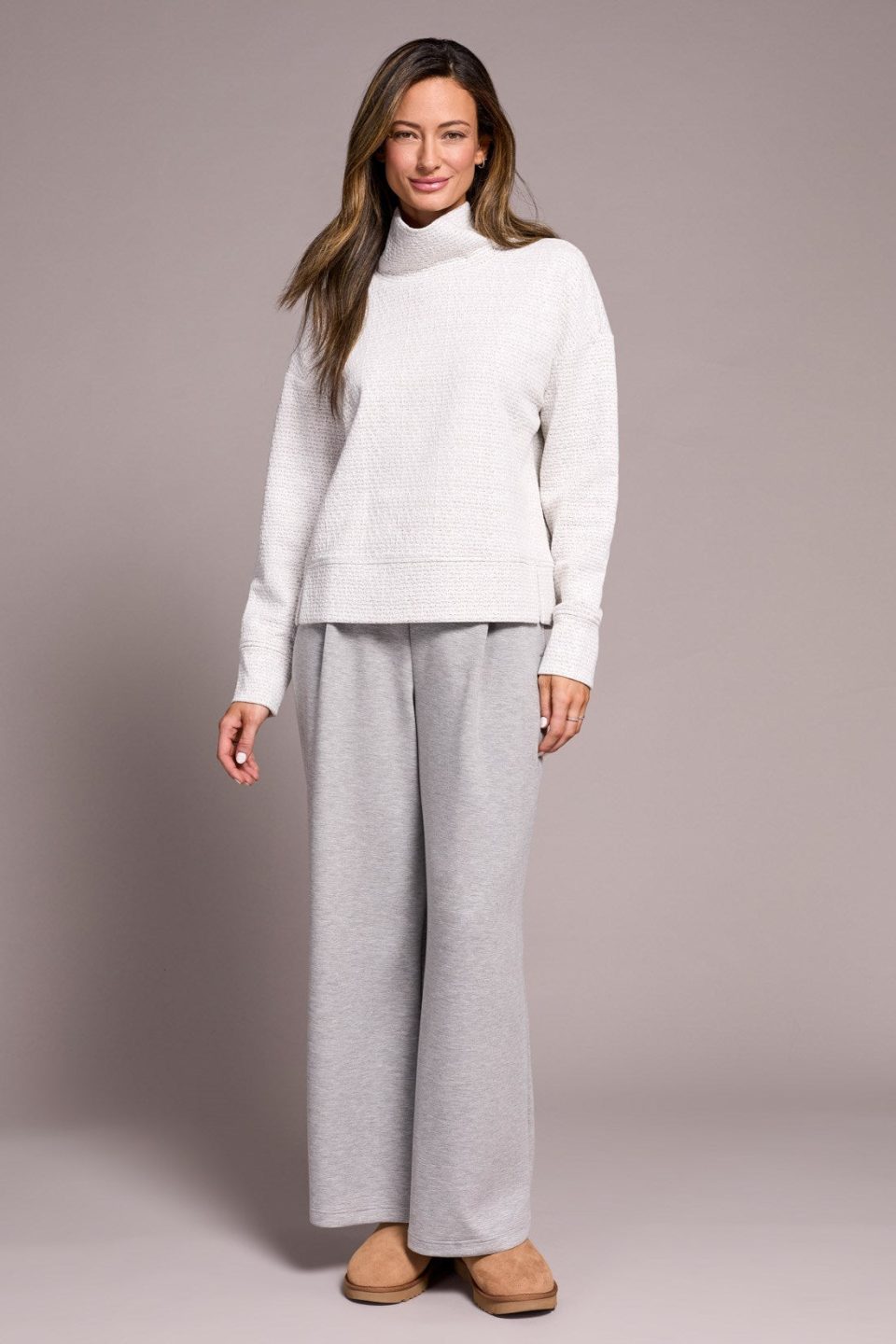 Puckered Knit Drop Shoulder Funnel Neck Top-H frostgrey