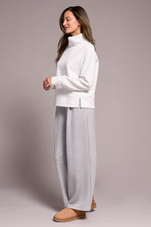 Puckered Knit Drop Shoulder Funnel Neck Top-H frostgrey