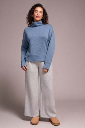 Puckered Knit Drop Shoulder Funnel Neck Top-Slateblue