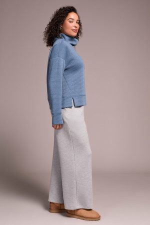 Puckered Knit Drop Shoulder Funnel Neck Top-Slateblue