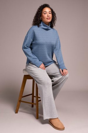 Puckered Knit Drop Shoulder Funnel Neck Top-Slateblue