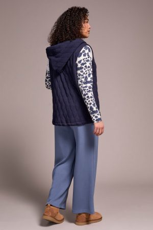 Quilted Cotton Long Hooded Vest-Sapphire