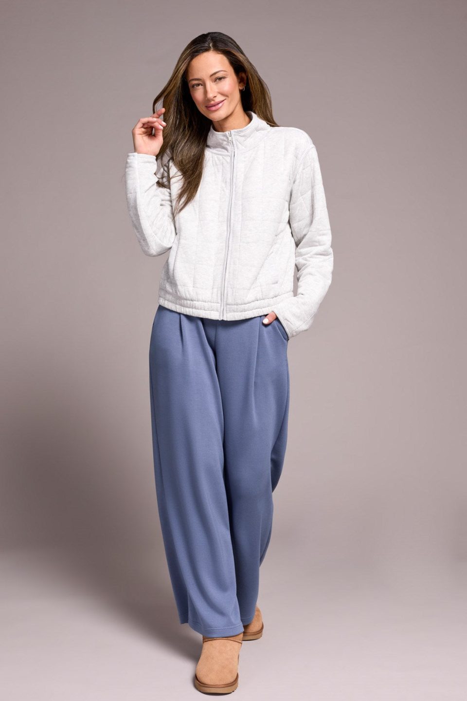 Quilted Lightweight Zip-Front Mock Neck Jacket-H frostgrey