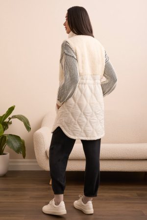 Sleeveless Mix Media Quilted Sherpa Vest-Cream