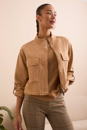 Slub Twill Zip-Front Mock Neck Jacket-Icelatte