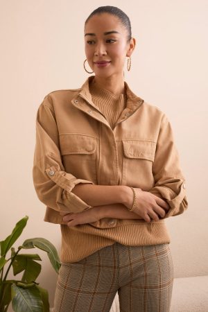 Slub Twill Zip-Front Mock Neck Jacket-Icelatte