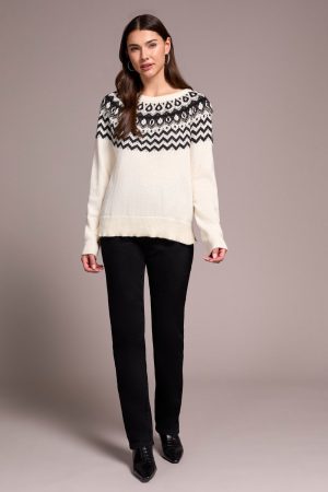 Fair Isle Soft Beaded Fair Isle Scoop Neck Sweater-Cream