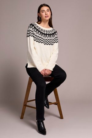 Fair Isle Soft Beaded Fair Isle Scoop Neck Sweater-Cream