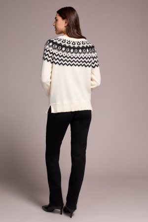 Fair Isle Soft Beaded Fair Isle Scoop Neck Sweater-Cream