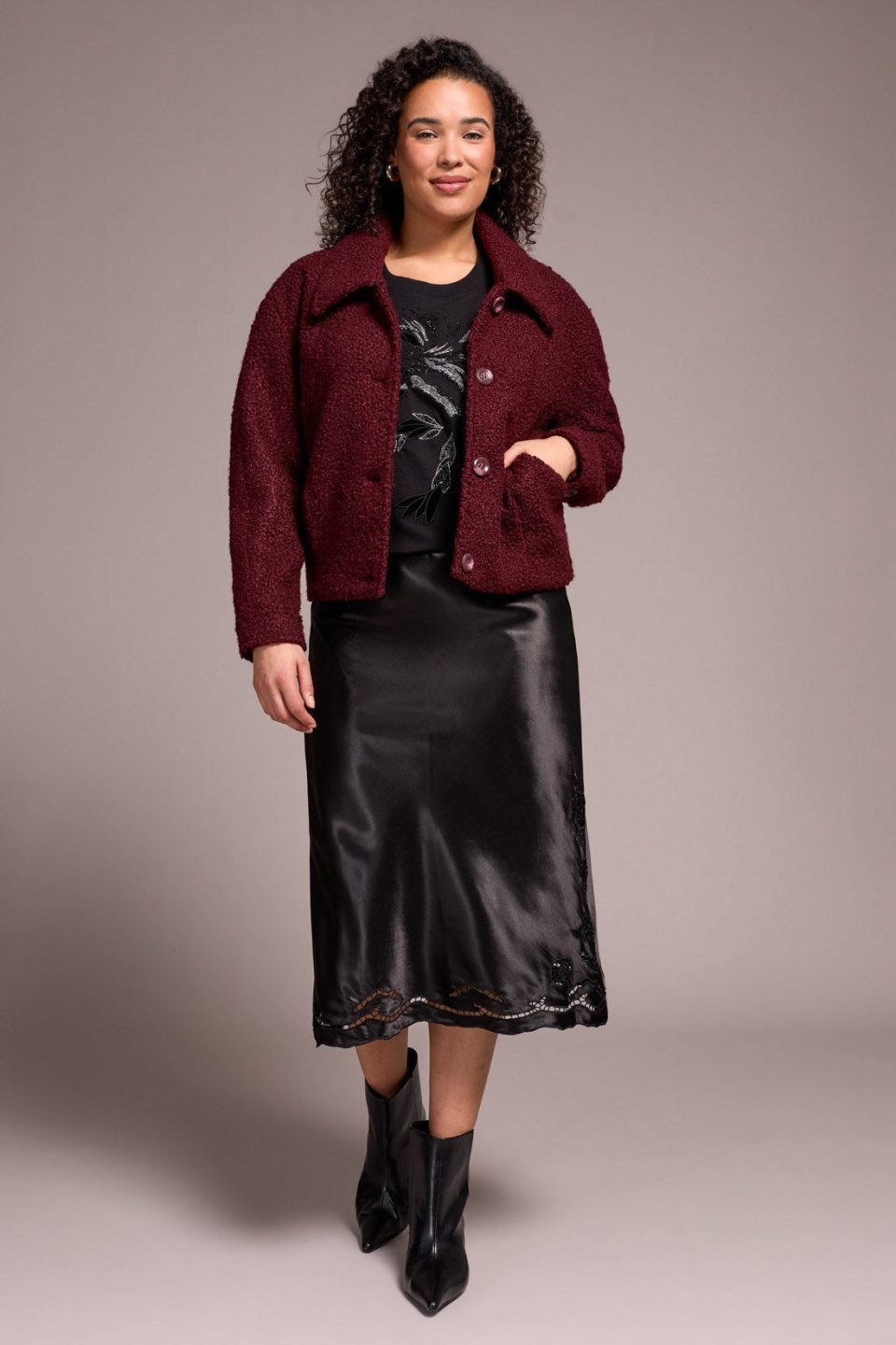 Soft Boucle Button-Front Jacket-Passion plum