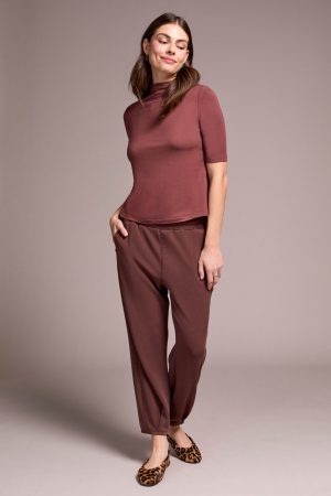 Soft French Terry Funnel Neck Elbow Sleeve Top-Cocoa