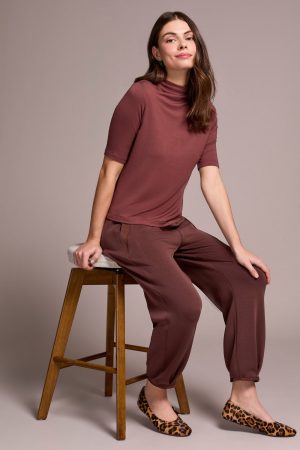 Soft French Terry Funnel Neck Elbow Sleeve Top-Cocoa