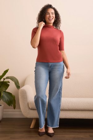 Soft French Terry Funnel Neck Elbow Sleeve Top-Dk toffee