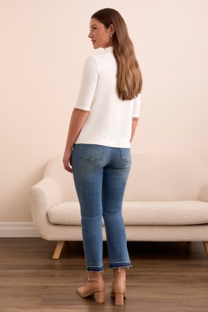 Soft French Terry Funnel Neck Elbow Sleeve Top-Eggshell