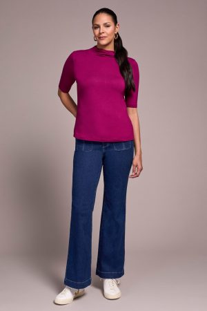 Soft French Terry Funnel Neck Elbow Sleeve Top-Plumwine