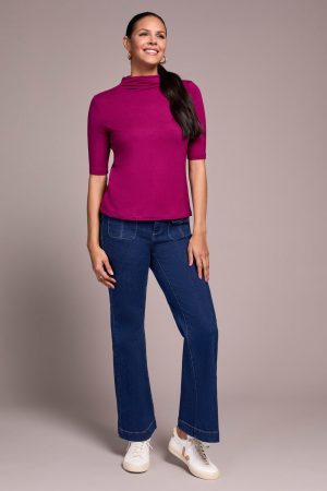 Soft French Terry Funnel Neck Elbow Sleeve Top-Plumwine