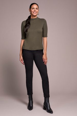 Soft French Terry Funnel Neck Elbow Sleeve Top-Spruce