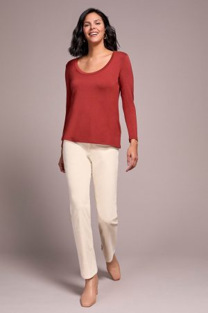 Soft French Terry Scoop Neck Long Sleeve Top-Dk toffee