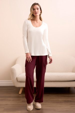 Soft French Terry Scoop Neck Long Sleeve Top-Eggshell