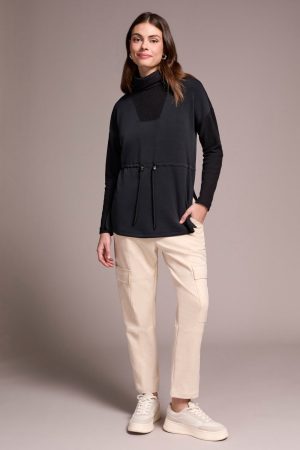 Soft Mix Media Turtle Neck Elastic Waist Top-Black