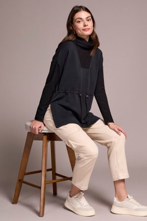 Soft Mix Media Turtle Neck Elastic Waist Top-Black