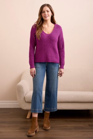 Soft Touch Drop Shoulder V-Neck Sweater-Dahlia mauve