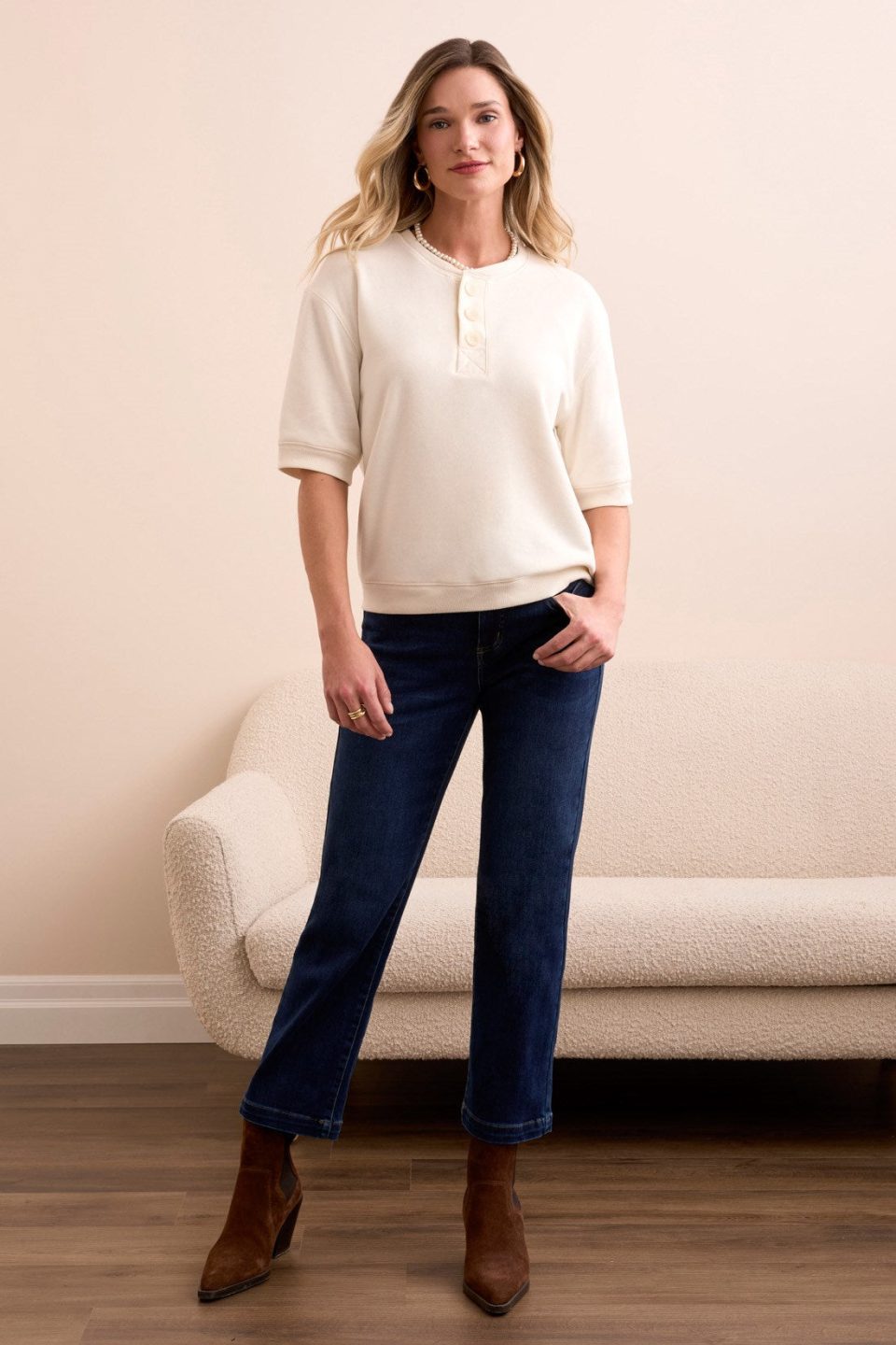 Soft Touch French Terry Henley Top-Cream