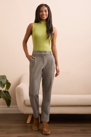 Straight Leg Fly-Front Plaid Trousers-Black