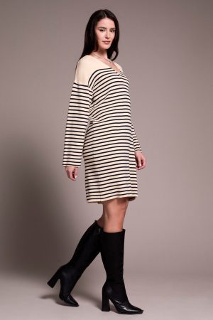Stripe Button-Shoulder V-Neck Sweater Dress-Ecru