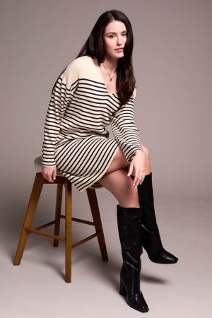 Stripe Button-Shoulder V-Neck Sweater Dress-Ecru