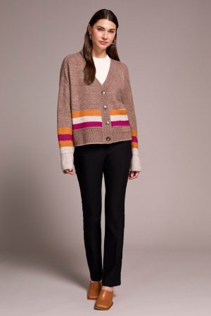 Stripe Long-Sleeve Sweater Cardigan With Pockets-Mocha
