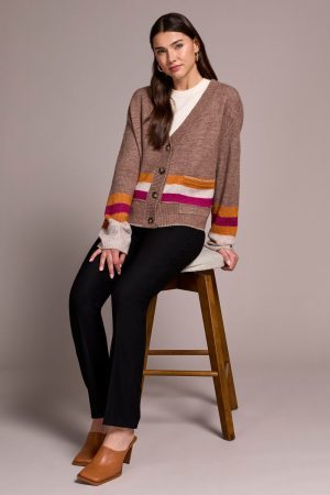 Stripe Long-Sleeve Sweater Cardigan With Pockets-Mocha