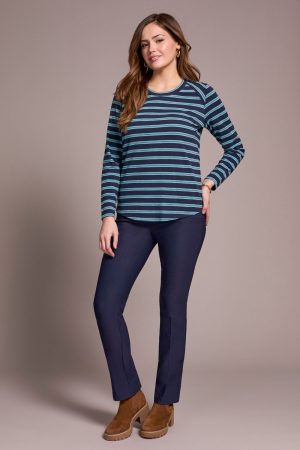 Stripe Slub Knit Crew Neck Top-Sapphire