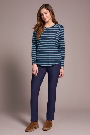 Stripe Slub Knit Crew Neck Top-Sapphire