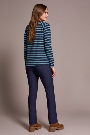 Stripe Slub Knit Crew Neck Top-Sapphire
