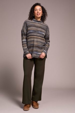Striped Mock Neck Top With Side Slits-Marine