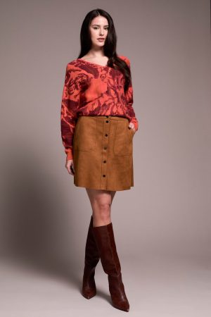 Suede A-Line Button Front Skirt-Biscotti