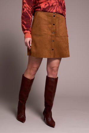 Suede A-Line Button Front Skirt-Biscotti