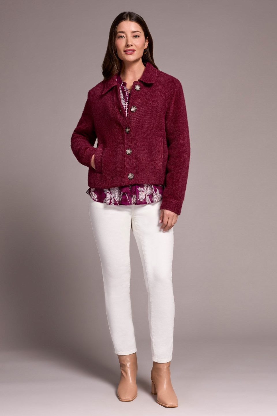 Super Soft Boucle Button-Front Jacket-Wine