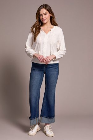 Tassel-Accent Split Neck Top-Cream