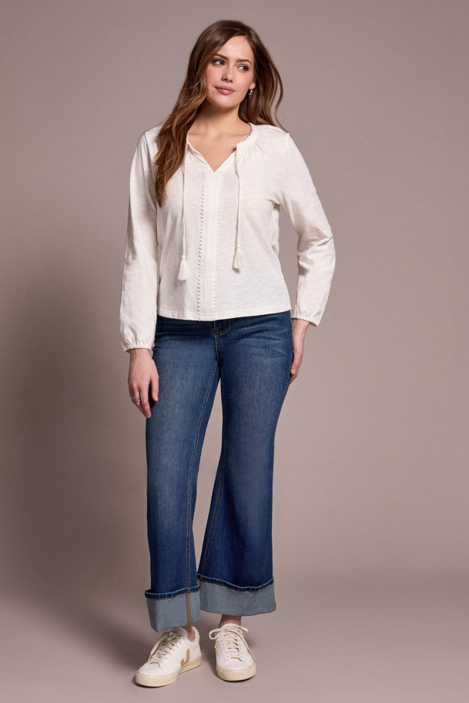 Tassel-Accent Split Neck Top-Cream