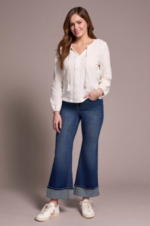 Tassel-Accent Split Neck Top-Cream