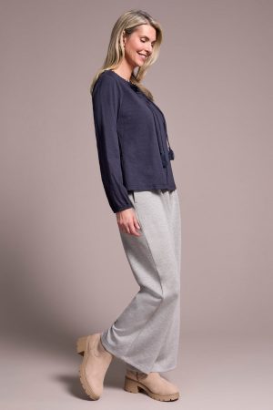 Tassel-Accent Split Neck Top-Sapphire