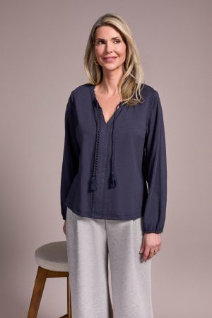 Tassel-Accent Split Neck Top-Sapphire